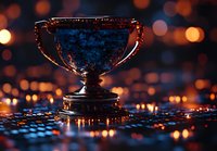 Glowing trophy cup on dark background with bokeh lights and reflective surface creates dramatic atmosphere for sports and achievement concepts.