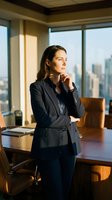 Thoughtful businesswoman in formal black suit standing at wooden desk in modern high-rise office with city skyline view, contemplating strategy and professional success.