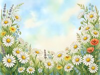 Watercolor wildflower meadow frame with daisies, poppies, and lavender on a soft sky background, perfect for greeting cards and invitations.
