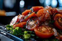 Grilled tomato slices with herbs and seasoning on dark plate, fresh vegetable side dish for healthy dining and culinary presentations.