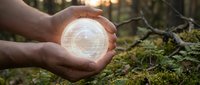 Hands holding glowing energy sphere in forest setting with moss and natural light creating mystical atmosphere for wellness and spiritual concepts.