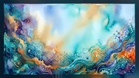 Vibrant abstract watercolor artwork featuring flowing waves, swirling patterns, and blended colors in turquoise, purple, orange, and gold tones. Suitable for backgrounds, wall art, and creative design projects.