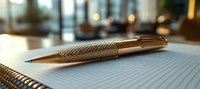 Elegant golden metal pen with textured grip lying on squared notebook paper, soft bokeh background creates luxurious business atmosphere.