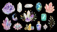 Gemstone crystals and minerals collection isolated on transparent background, ready for t-shirt design, clipart, stickers, sublimation and print-on-demand products.