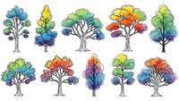 Colorful watercolor tree collection with vibrant foliage in rainbow hues isolated on white background for nature design projects and seasonal artwork.