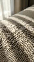 Close-up of natural beige woven fabric texture with soft window light creating gentle shadows and depth for interior design and textile projects.