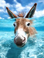 Curious donkey swimming in crystal clear turquoise water on sunny day, split view above and below water surface showing wet muzzle and ears against blue sky.