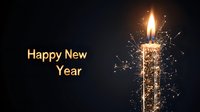 Glowing celebration candle with sparkling sparklers against dark background and golden Happy New Year text creates festive holiday atmosphere.