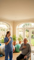 Female healthcare worker in blue scrubs consulting with elderly Caucasian man during home physiotherapy session in bright sunroom with exercise equipment.