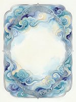 Watercolor frame with swirling clouds in blue, teal, and purple tones, silver ornate border, empty center for text or design use.