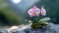 Pink orchid flowers blooming from moss on stone surface with soft natural lighting and blurred background for spa wellness meditation concepts.