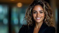 Young mixed race businesswoman with curly highlighted hair and bright smile wearing black blazer against blurred office background, professional corporate portrait.