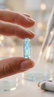 Hand holding transparent blue capsule pill with DNA helix inside representing genetic medicine and personalized healthcare innovation.