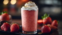 Fresh strawberry milkshake with whipped cream topping surrounded by ripe berries on dark surface. Cold beverage drink for cafe menu dessert smoothie.