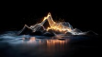 Glowing mountain range with luminous peaks reflected in calm water at night, featuring ethereal light trails and particle effects creating a surreal landscape atmosphere.