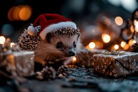 Adorable hedgehog wearing red Santa hat surrounded by wrapped gifts and warm bokeh lights creating festive Christmas holiday atmosphere.