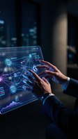 Business professional interacting with futuristic holographic network interface displaying global connections and data analytics in modern office environment.