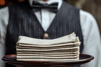 Elegant stack of folded linen napkins on serving tray held by waiter in formal attire with bow tie and pinstriped vest.