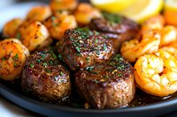 Juicy grilled beef medallions with garlic butter shrimp and fresh herbs on dark plate, selective focus on meat with golden seared crust and lemon garnish.