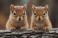Two adorable baby squirrels sitting side by side on tree bark, cute woodland creatures with fluffy tails and bright eyes for nature and wildlife content.