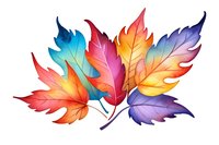 Vibrant watercolor maple leaves in rainbow colors arranged in artistic composition on white background, isolated design element for autumn seasonal projects.