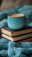 Turquoise ceramic cup with hot coffee placed on vintage books, accompanied by cozy knitted blanket creating peaceful morning atmosphere for reading.