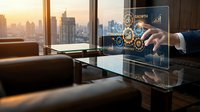 Businessman in formal attire interacting with digital growth analytics interface on transparent screen in modern high-rise office overlooking city skyline at sunset, symbolizing business strategy and data analysis.