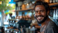 Cheerful African American male barista with beard smiling at camera while working behind coffee shop counter, perfect for hospitality and service industry marketing.