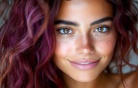 Close up portrait of young mixed race woman with purple curly hair, freckles and bright blue eyes smiling at camera. Natural beauty and authentic expression.