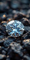Brilliant cut diamond with blue tint resting on dark rocky surface with golden bokeh lights in background, showcasing luxury jewelry and precious stone details.