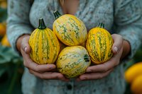 Woman's hands holding fresh striped yellow and green decorative gourds from autumn harvest against blurred natural background. Perfect for seasonal fall content.