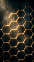 Glowing golden honeycomb structure with luminous hexagonal cells and sparkling particles on dark background, suitable for science, technology, and abstract design projects.