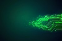Glowing green circuit board pattern with digital connections and light effects on dark background, modern technology concept for tech presentations.
