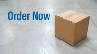 Cardboard box on warehouse floor with bold blue Order Now text, promoting e-commerce, shipping, and online retail services.