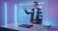 Young businessman interacting with holographic cloud integration interface in futuristic office environment with purple neon lighting and modern technology.