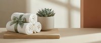 Spa wellness setup with rolled white towels and succulent plant on wooden tray in warm natural lighting for relaxation and self-care concepts.