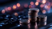 Stacked silver coins on computer keyboard with blurred bokeh lights in background creating atmospheric financial technology concept.