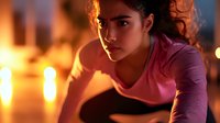 Young Hispanic woman in pink top looking concerned in dramatic evening lighting with warm glowing bokeh background, emotional portrait capturing vulnerability and contemplation.