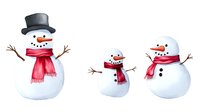 Three cheerful snowmen wearing red scarves and black top hat, arranged in descending size order with carrot noses and stick arms on white background.