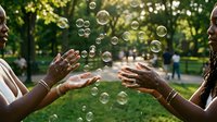 Two women playing with soap bubbles in sunny park, reaching hands toward floating bubbles, joyful outdoor activity, friendship and fun in green nature setting.