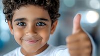 Young boy with curly dark hair and bright smile showing thumbs up gesture against blurred bokeh background. Positive expression of success and approval.