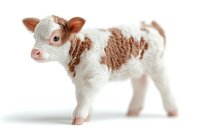 Adorable brown and white spotted newborn calf standing on white background, isolated farm animal for agricultural and veterinary design projects.