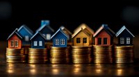 Colorful miniature houses placed on stacks of golden coins against dark background, representing real estate investment, property market and home financing concept.