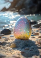 Colorful speckled egg with rainbow gradient pattern sits on sandy beach at sunset, sparkling water bokeh in background creates magical atmosphere.
