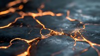 Glowing orange lava cracks on dark stone surface, creating dramatic contrast between molten heat and cool textured rock. Perfect for geological concepts.