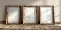 Three empty wooden picture frames with rustic design leaning against neutral wall on vintage wooden floor, ideal for mockup presentations.