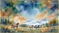 Watercolor herd of wild horses galloping across a meadow under dramatic sky, framed with golden border and horse silhouettes.