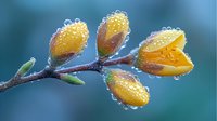 Yellow flower buds covered in morning dew drops on branch against soft blue background. Fresh spring blooming botanical nature macro photography.