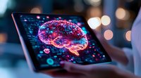 Digital brain hologram glowing in pink and blue colors floating above tablet screen with bokeh lights background, representing artificial intelligence technology.