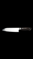 Santoku kitchen knife with dark wood handle and hollow edge blade, isolated on transparent background. Ready for clipart, stickers, print on demand, and t-shirt design use.